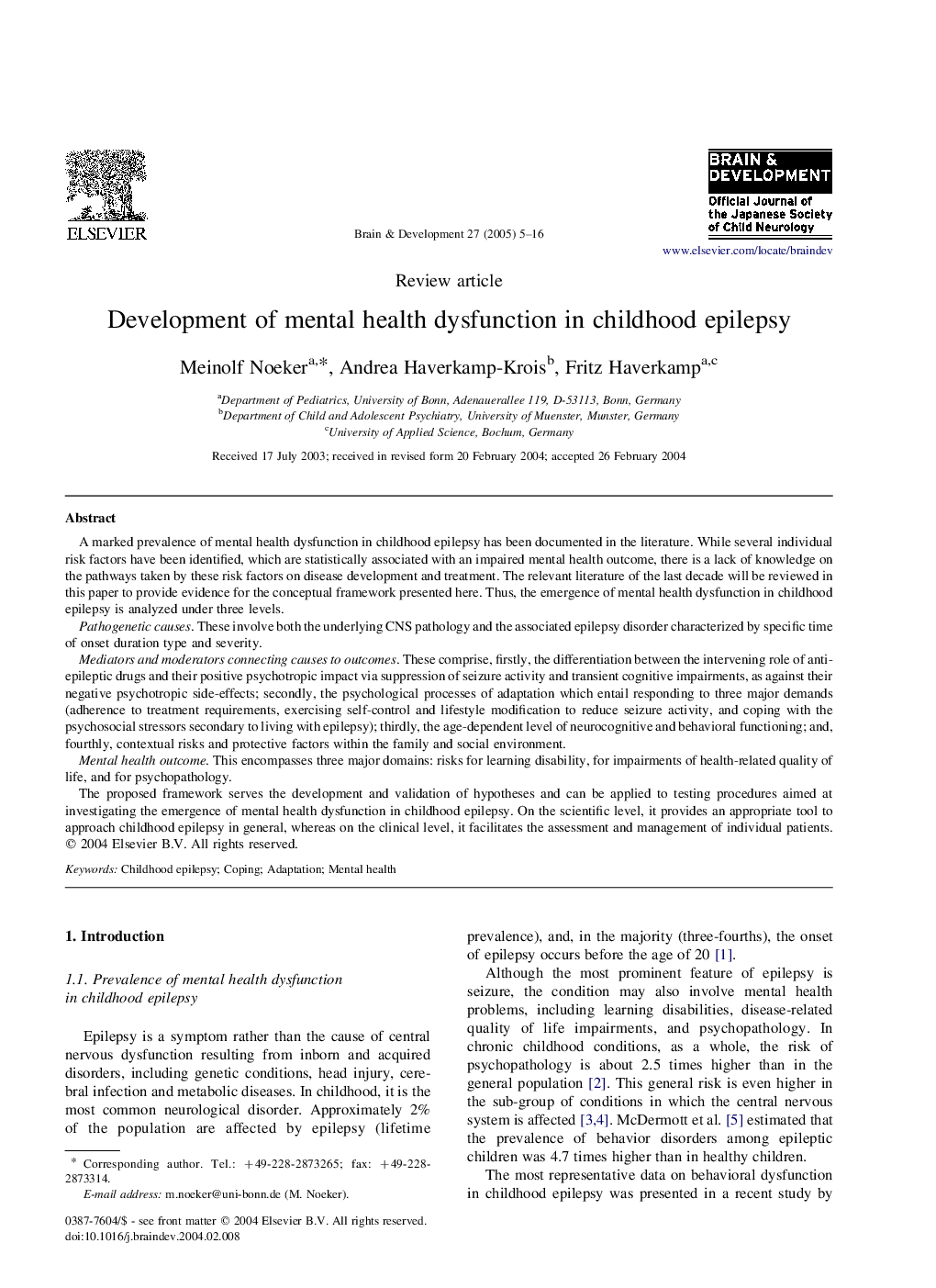 Development of mental health dysfunction in childhood epilepsy