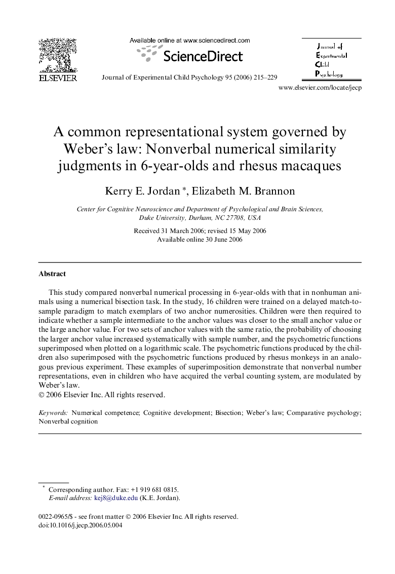 A common representational system governed by Weber’s law: Nonverbal numerical similarity judgments in 6-year-olds and rhesus macaques