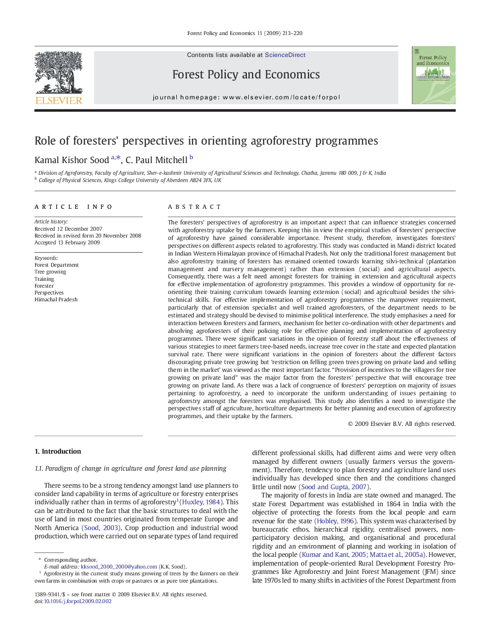 Role of foresters' perspectives in orienting agroforestry programmes