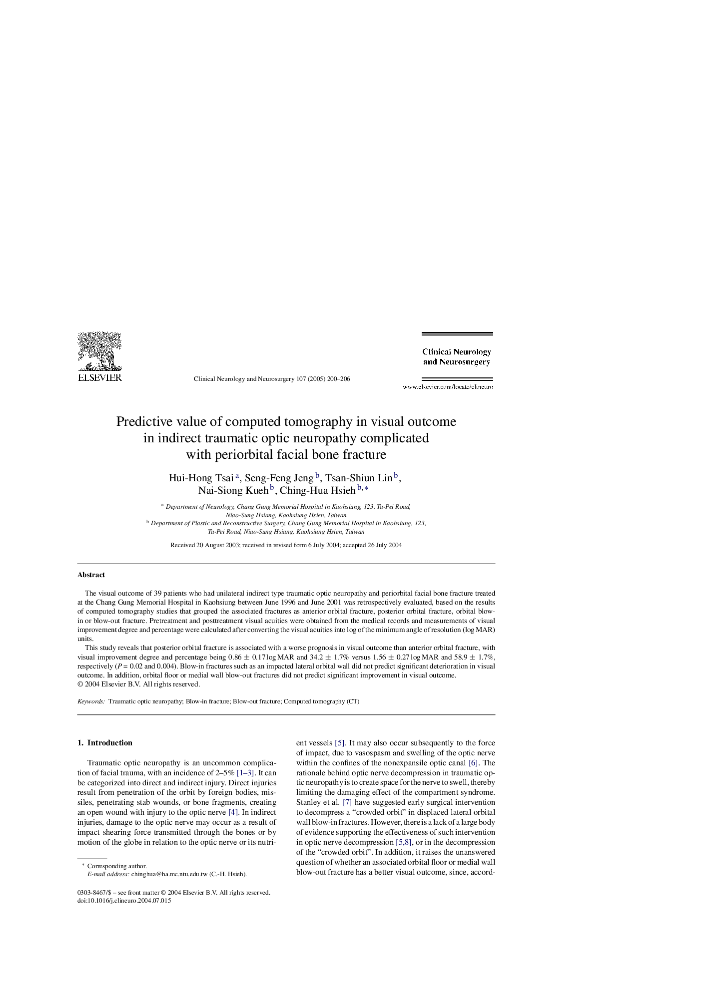 Predictive value of computed tomography in visual outcome in indirect traumatic optic neuropathy complicated with periorbital facial bone fracture