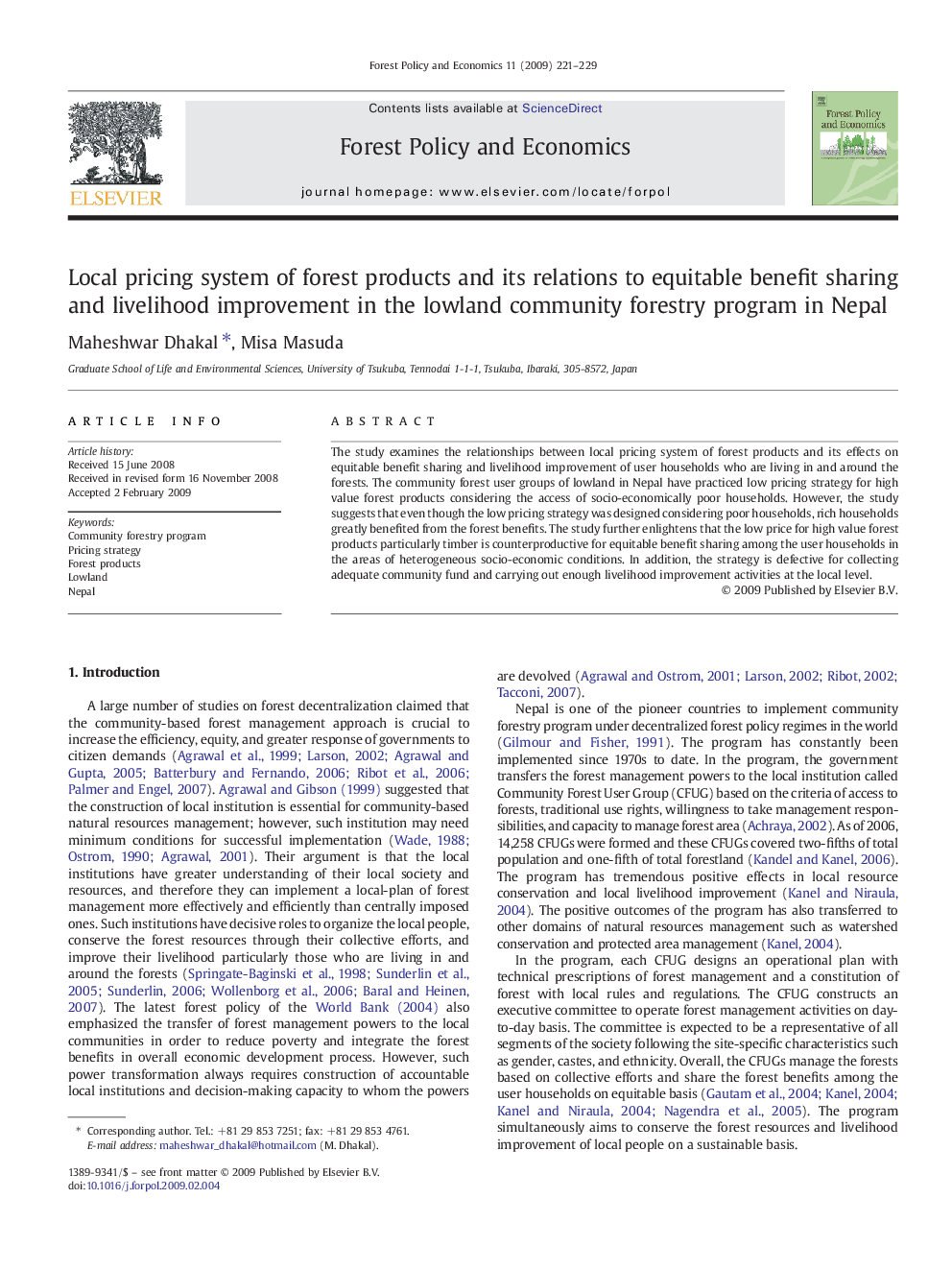 Local pricing system of forest products and its relations to equitable benefit sharing and livelihood improvement in the lowland community forestry program in Nepal