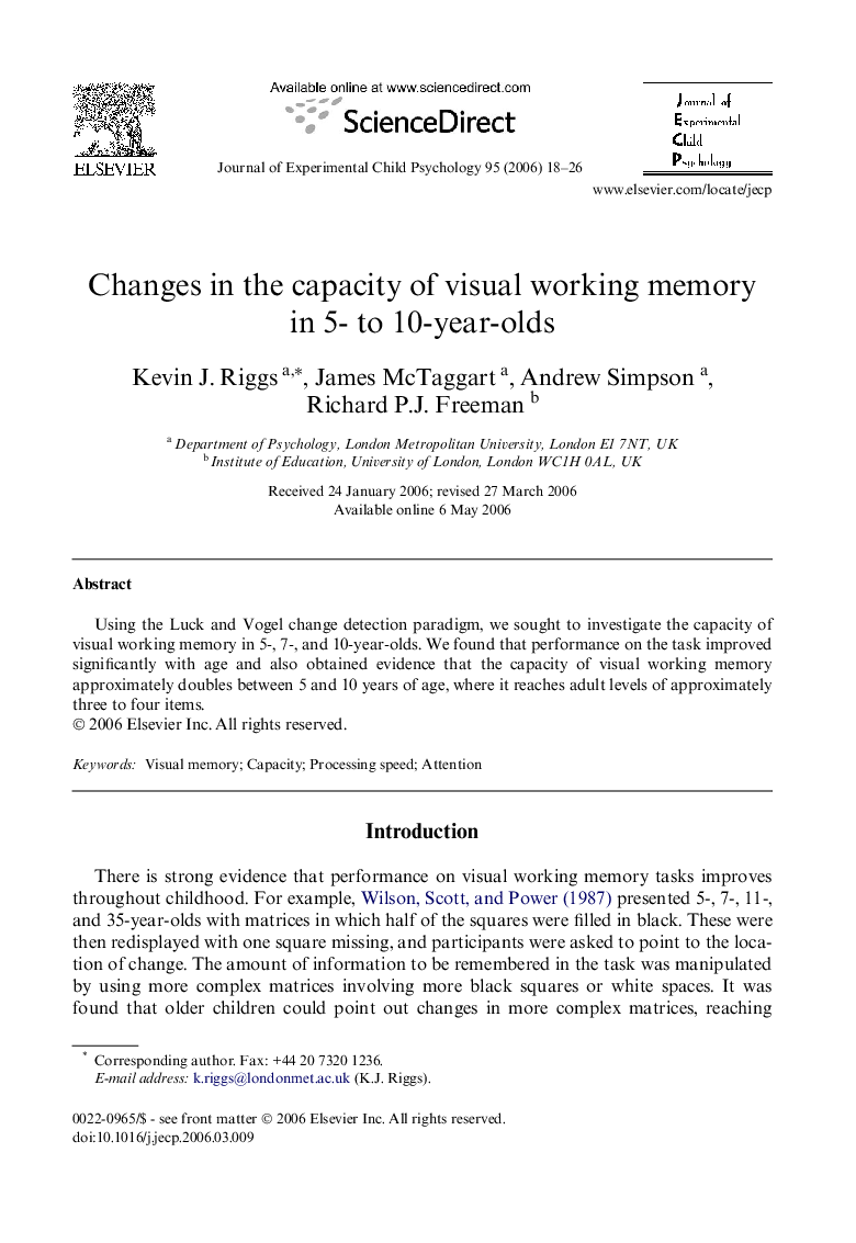 Changes in the capacity of visual working memory in 5- to 10-year-olds