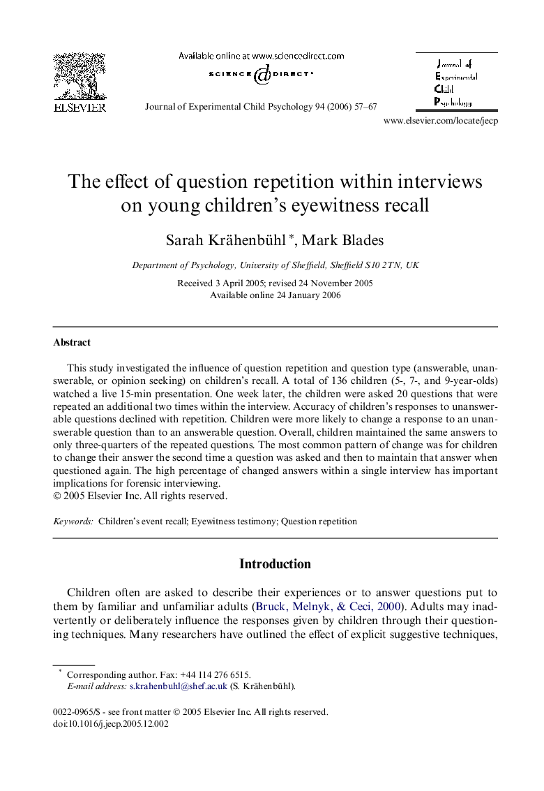 The effect of question repetition within interviews on young children’s eyewitness recall