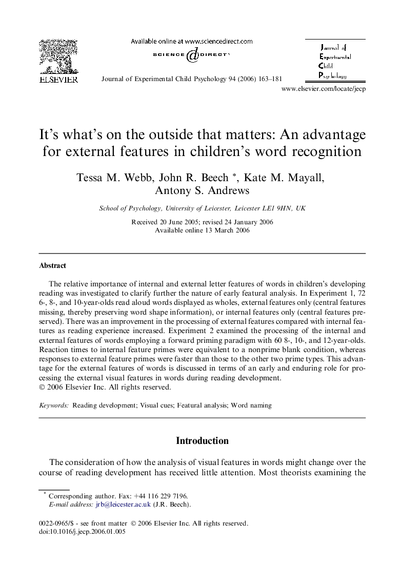 It’s what’s on the outside that matters: An advantage for external features in children’s word recognition