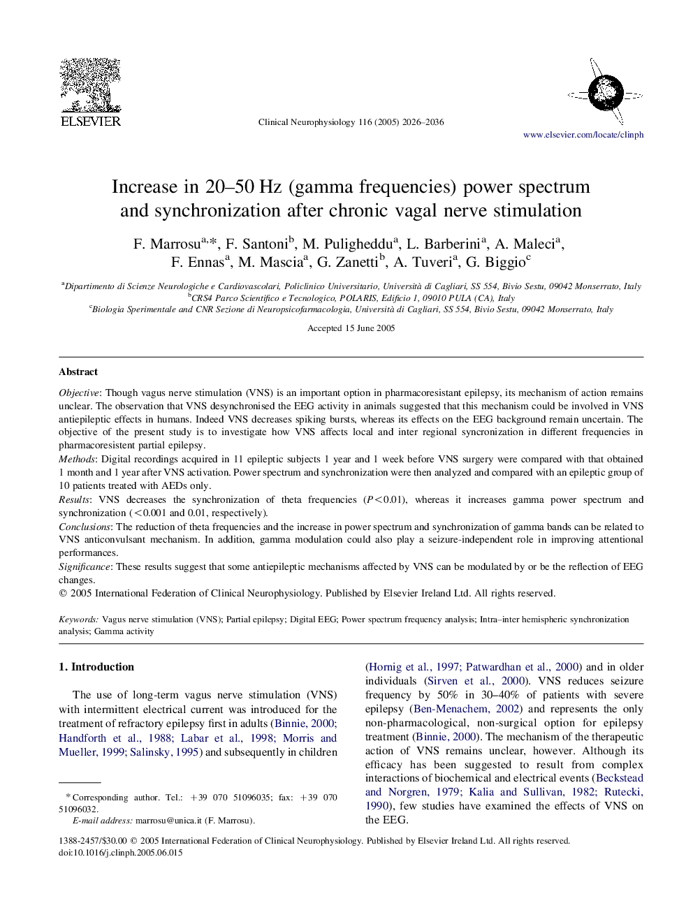 Increase in 20-50Â Hz (gamma frequencies) power spectrum and synchronization after chronic vagal nerve stimulation