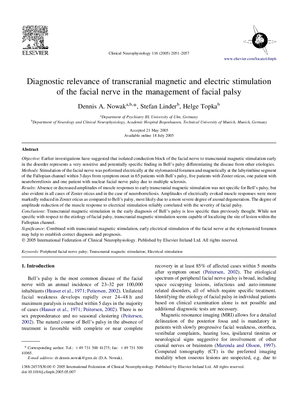 Diagnostic relevance of transcranial magnetic and electric stimulation of the facial nerve in the management of facial palsy