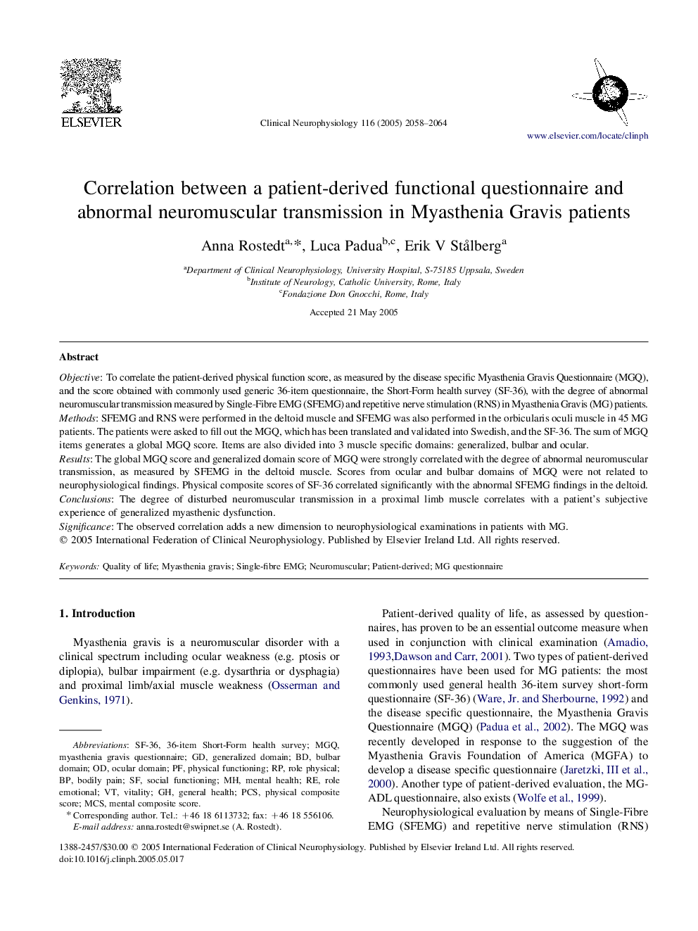 Correlation between a patient-derived functional questionnaire and abnormal neuromuscular transmission in Myasthenia Gravis patients