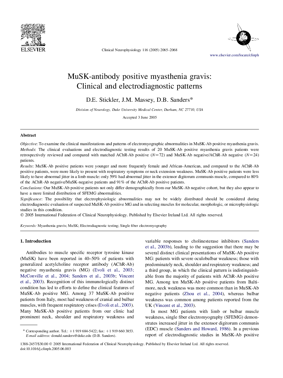 MuSK-antibody positive myasthenia gravis: Clinical and electrodiagnostic patterns