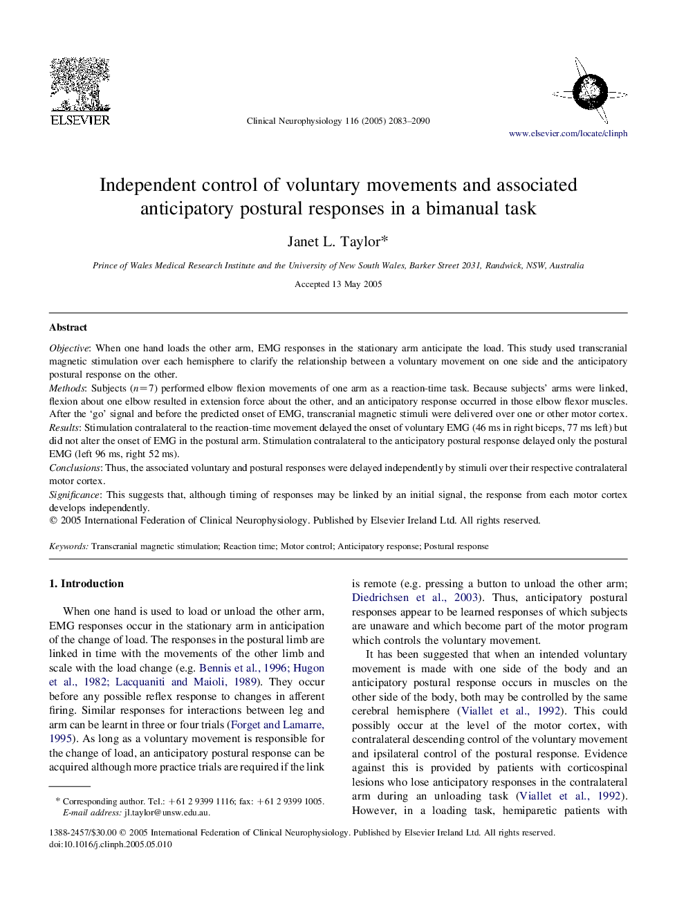 Independent control of voluntary movements and associated anticipatory postural responses in a bimanual task