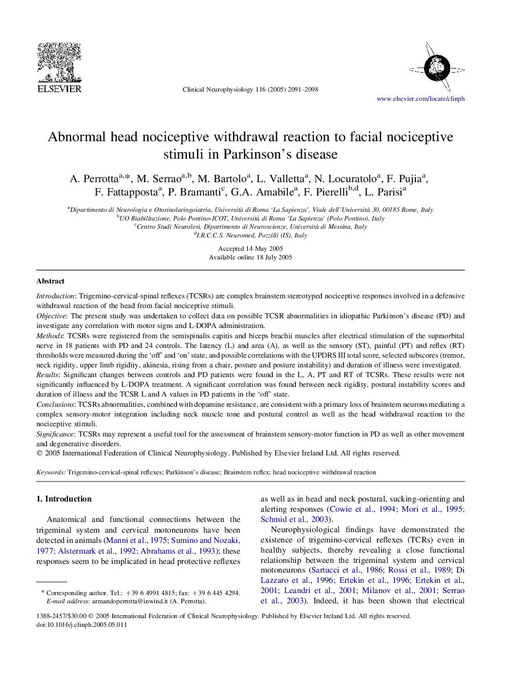 Abnormal head nociceptive withdrawal reaction to facial nociceptive stimuli in Parkinson's disease