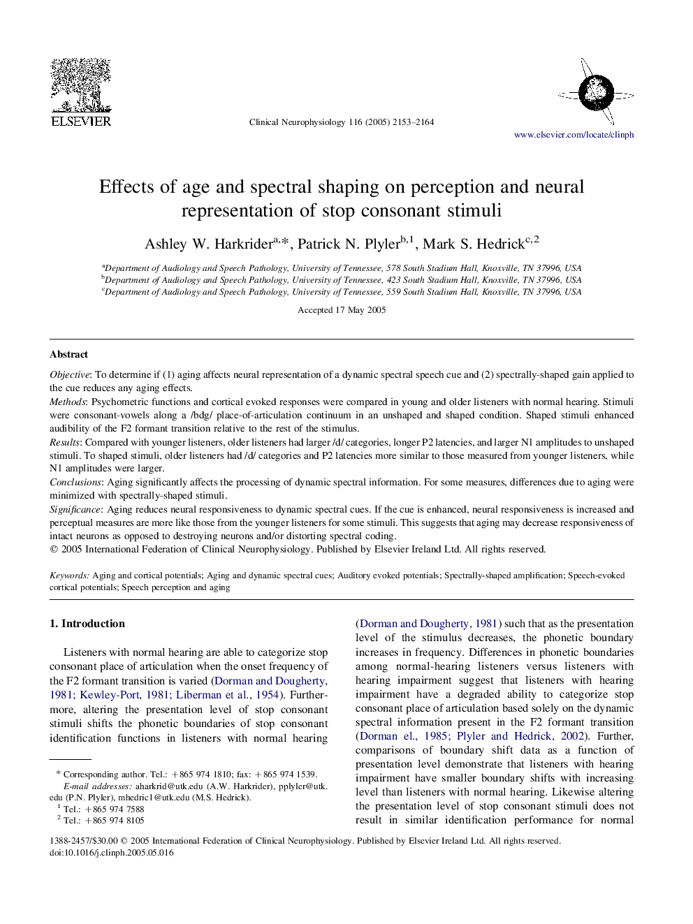 Effects of age and spectral shaping on perception and neural representation of stop consonant stimuli