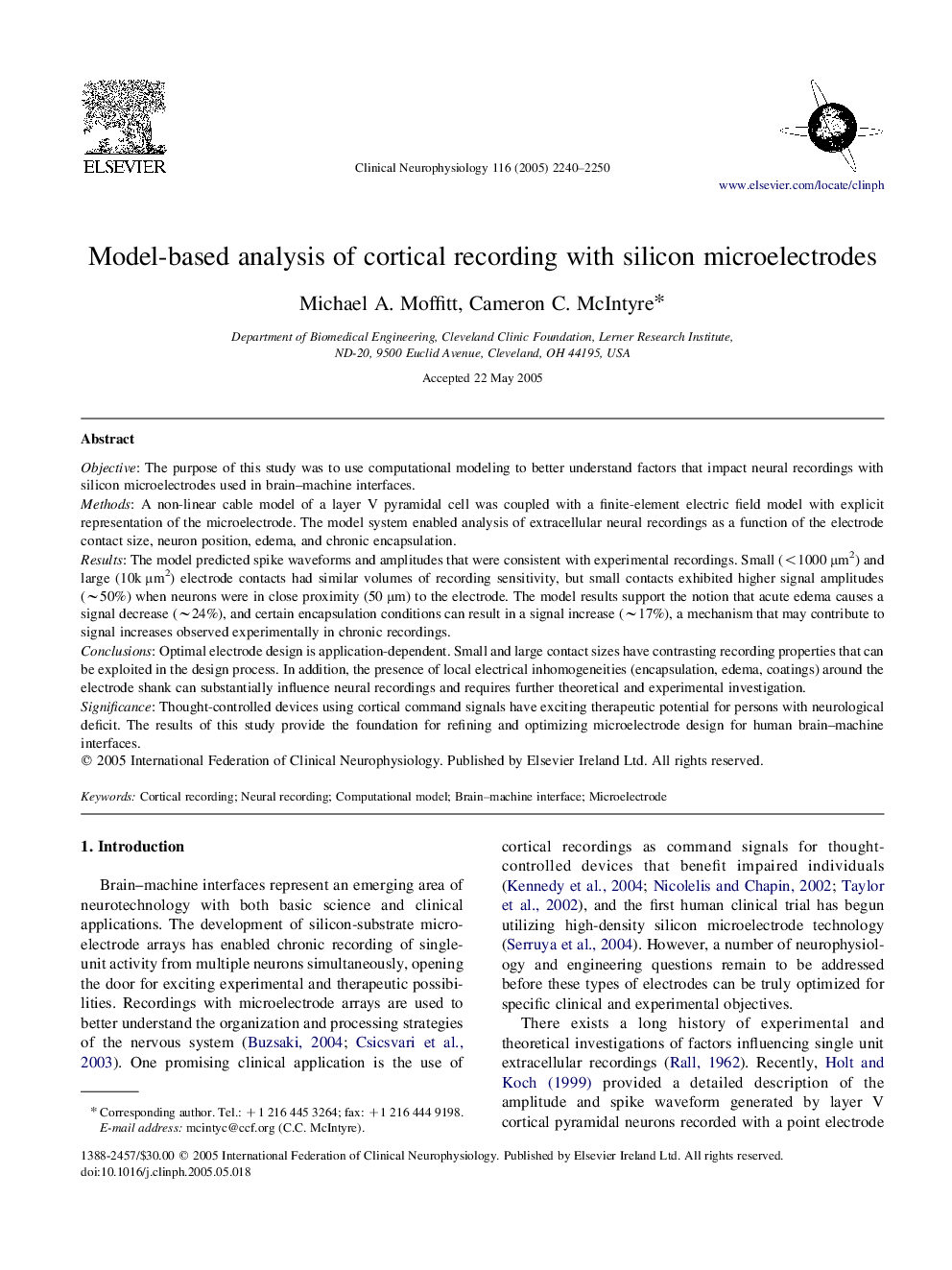 Model-based analysis of cortical recording with silicon microelectrodes