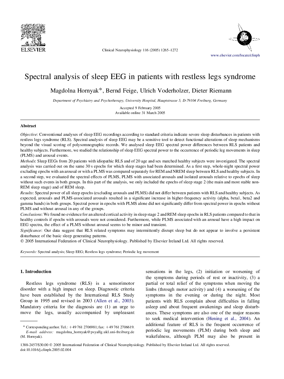 Spectral analysis of sleep EEG in patients with restless legs syndrome