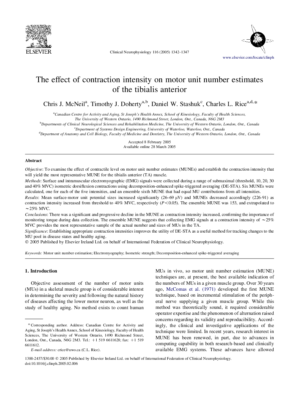 The effect of contraction intensity on motor unit number estimates of the tibialis anterior