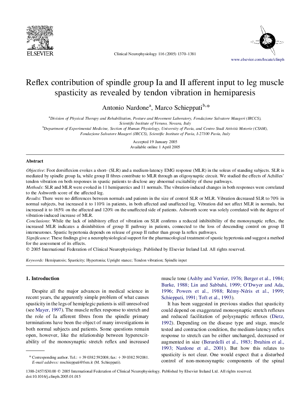 Reflex contribution of spindle group Ia and II afferent input to leg muscle spasticity as revealed by tendon vibration in hemiparesis