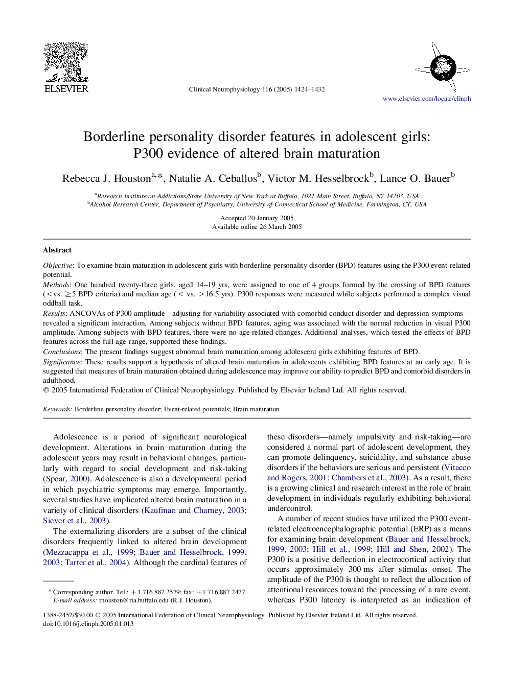 Borderline personality disorder features in adolescent girls: P300 evidence of altered brain maturation