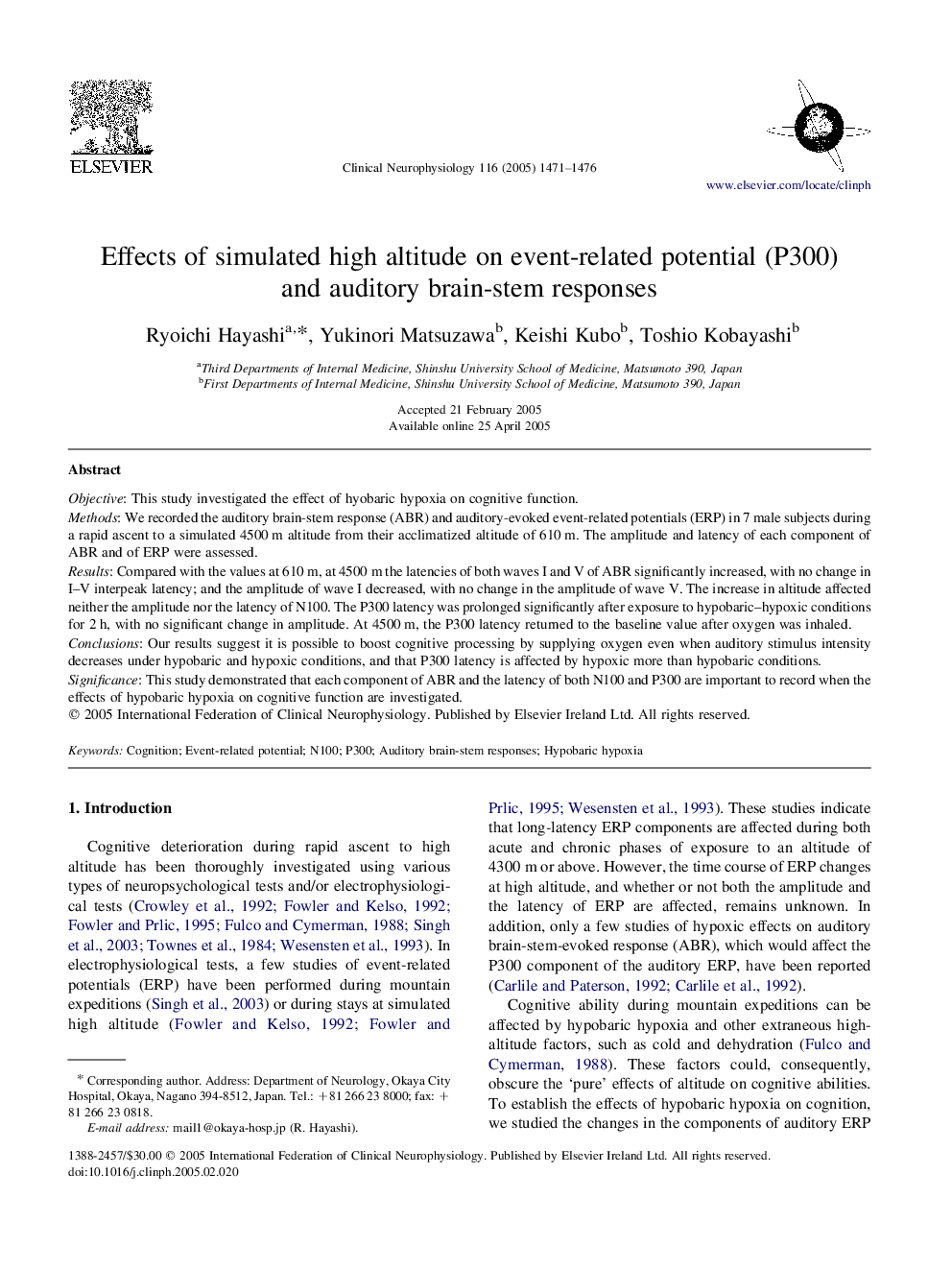 Effects of simulated high altitude on event-related potential (P300) and auditory brain-stem responses