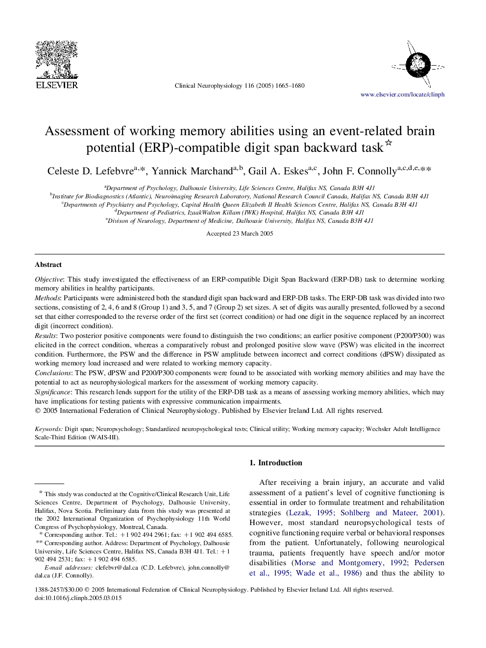 Assessment of working memory abilities using an event-related brain potential (ERP)-compatible digit span backward task