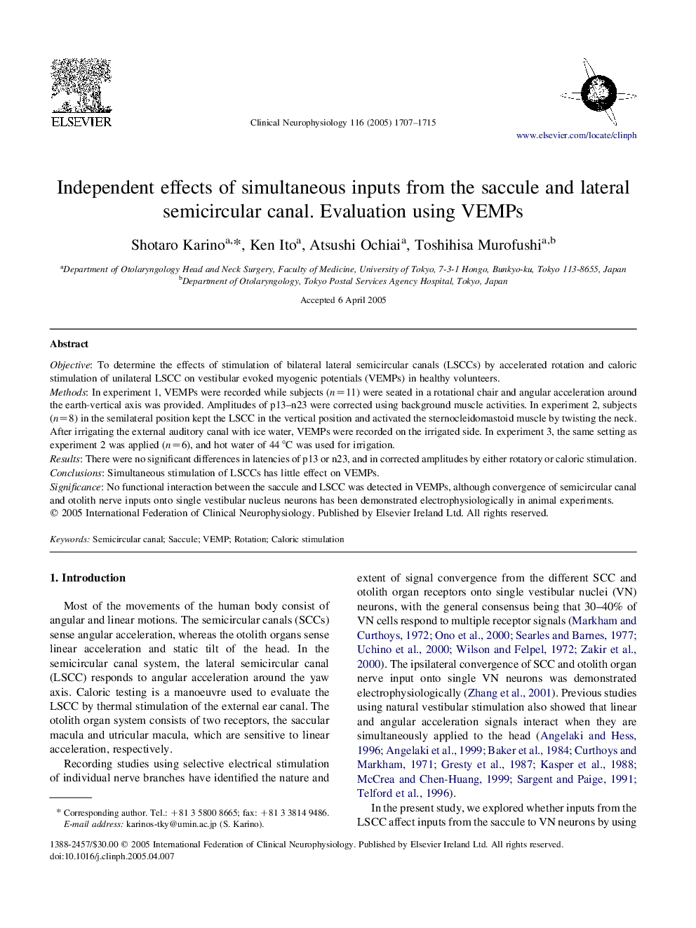 Independent effects of simultaneous inputs from the saccule and lateral semicircular canal. Evaluation using VEMPs