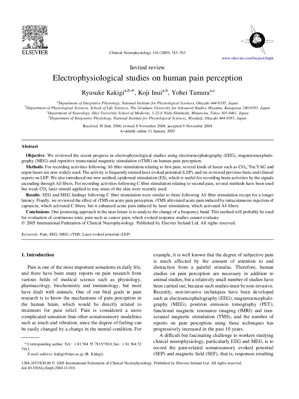 Electrophysiological studies on human pain perception