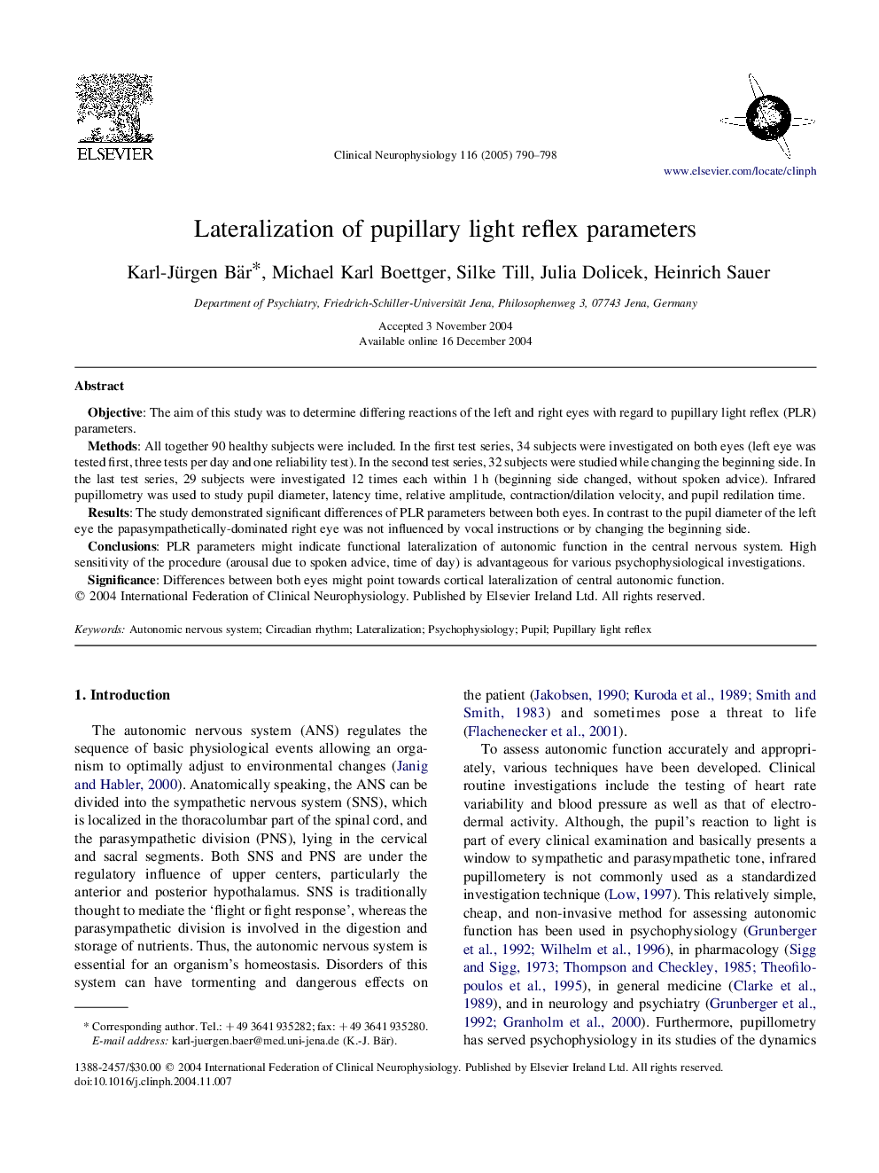 Lateralization of pupillary light reflex parameters