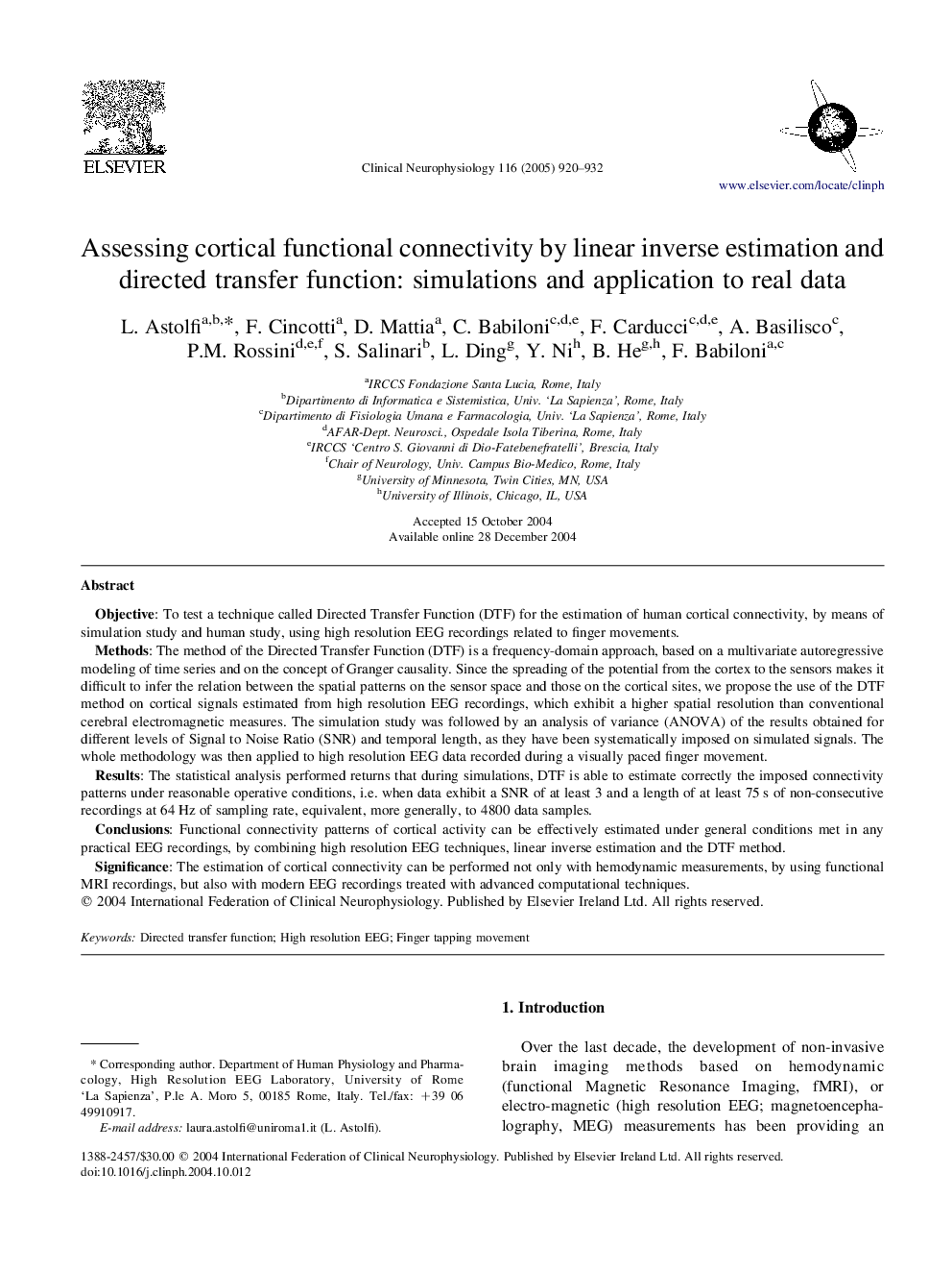 Assessing cortical functional connectivity by linear inverse estimation and directed transfer function: simulations and application to real data