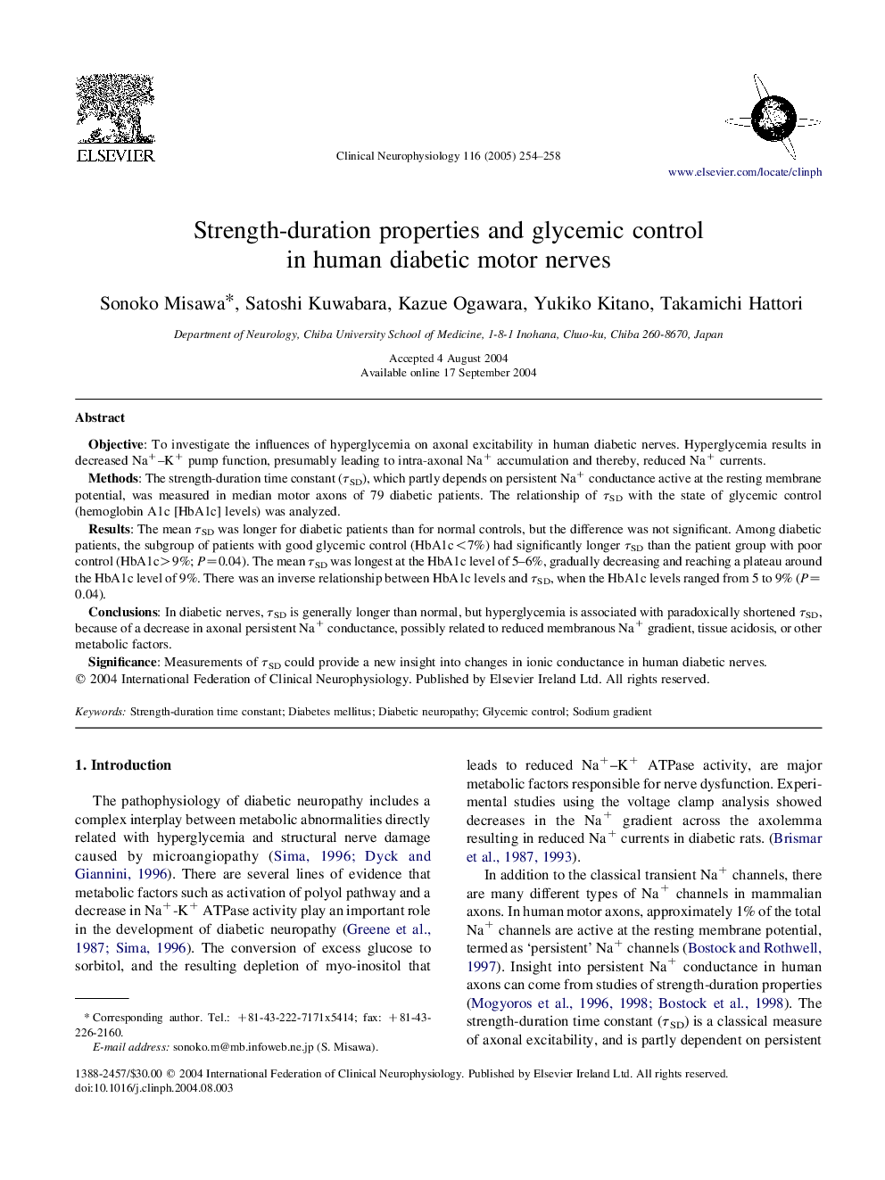 Strength-duration properties and glycemic control in human diabetic motor nerves