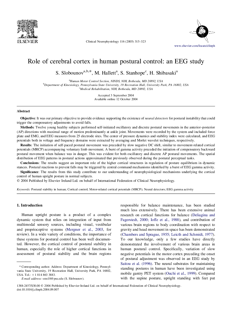 Role of cerebral cortex in human postural control: an EEG study