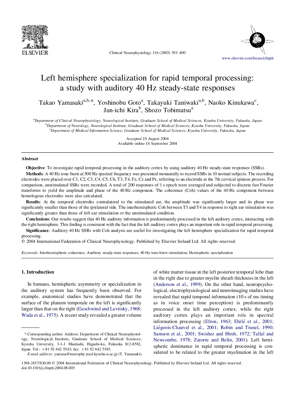 Left hemisphere specialization for rapid temporal processing: a study with auditory 40Â Hz steady-state responses