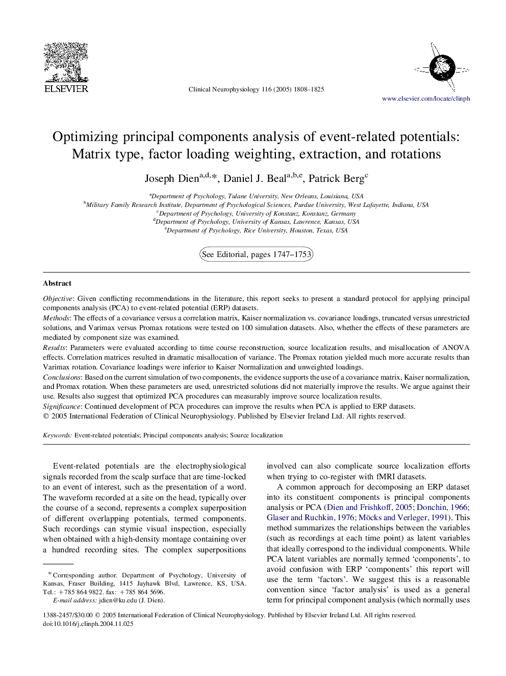 Optimizing principal components analysis of event-related potentials: Matrix type, factor loading weighting, extraction, and rotations