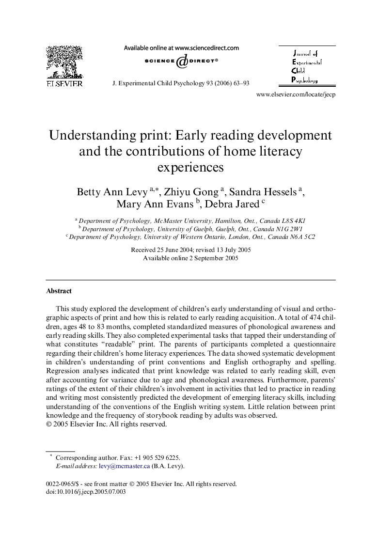 Understanding print: Early reading development and the contributions of home literacy experiences