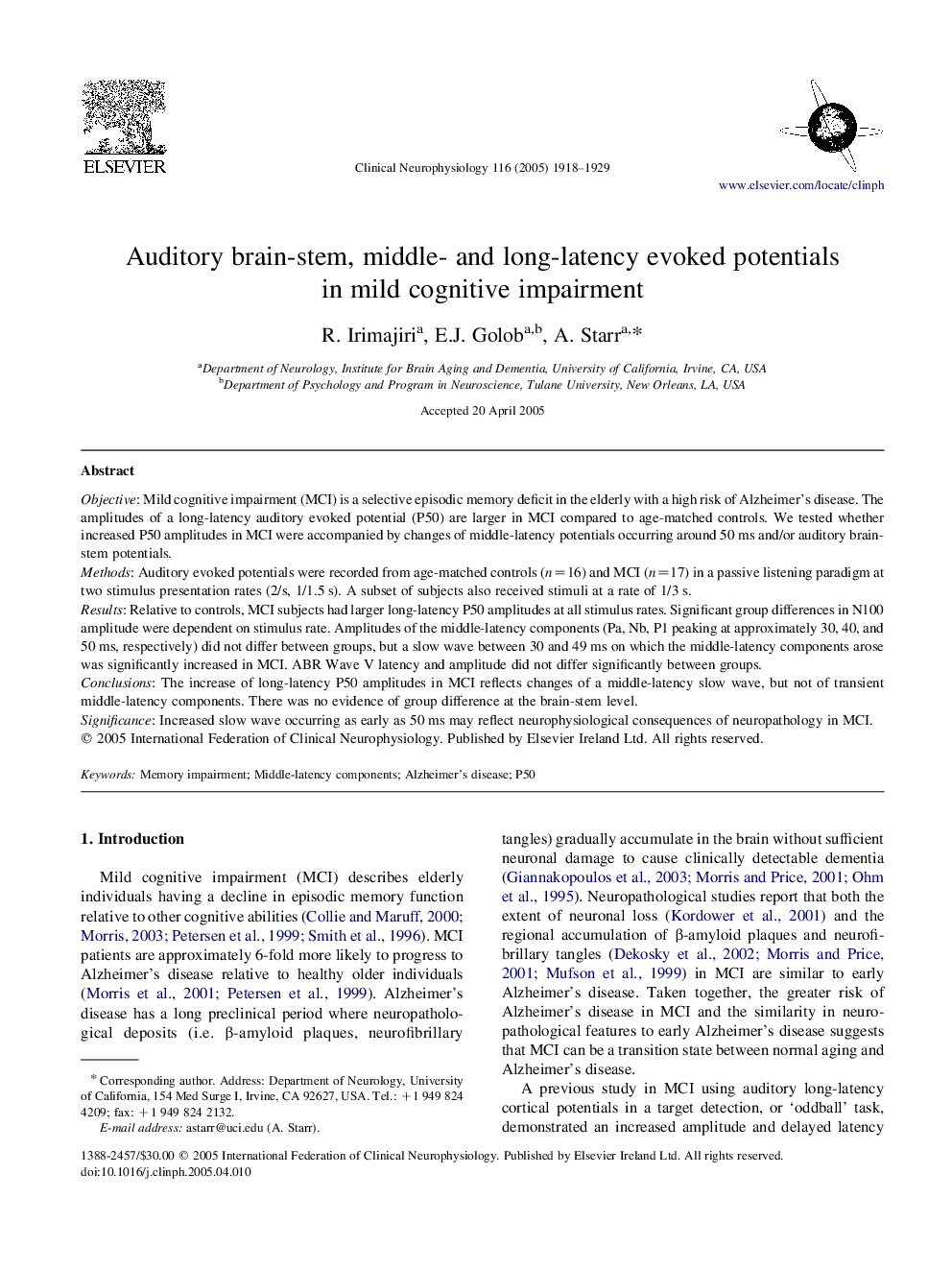 Auditory brain-stem, middle- and long-latency evoked potentials in mild cognitive impairment