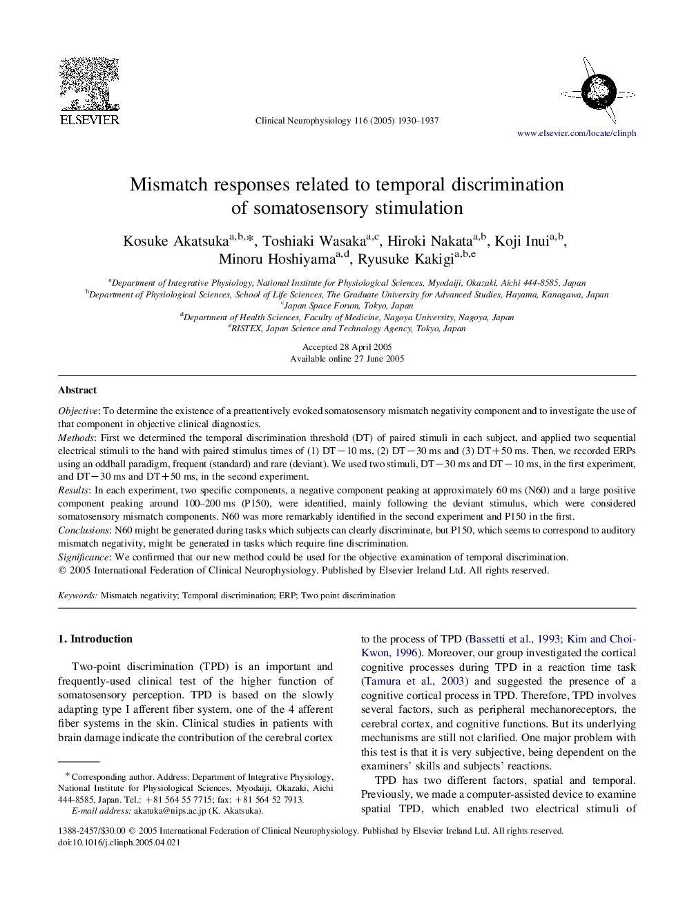 Mismatch responses related to temporal discrimination of somatosensory stimulation