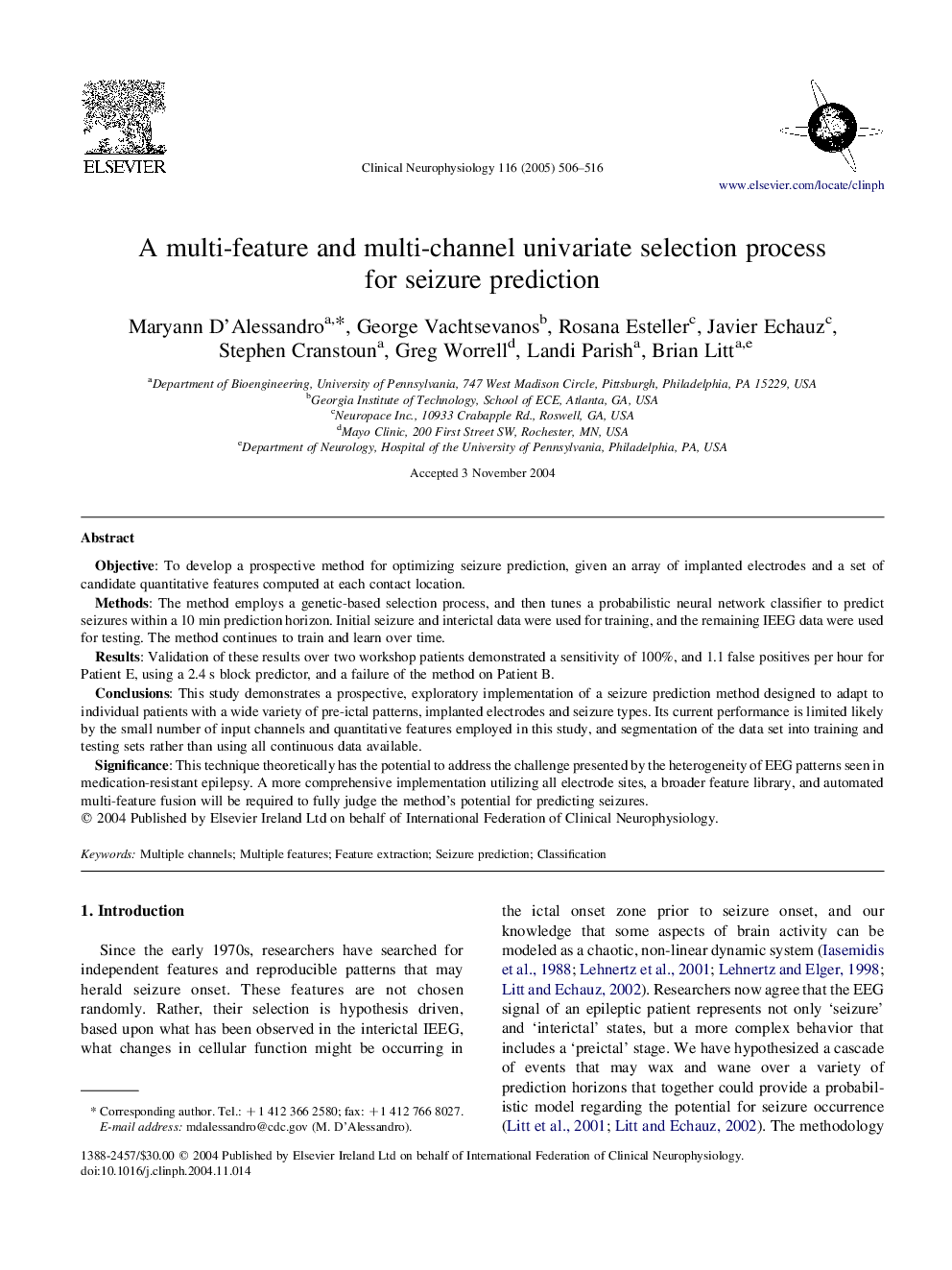 A multi-feature and multi-channel univariate selection process for seizure prediction