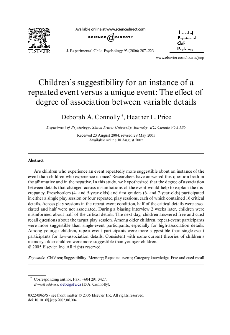 Children’s suggestibility for an instance of a repeated event versus a unique event: The effect of degree of association between variable details