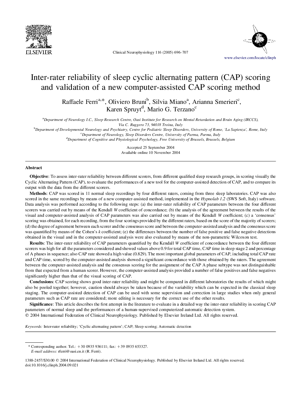 Inter-rater reliability of sleep cyclic alternating pattern (CAP) scoring and validation of a new computer-assisted CAP scoring method