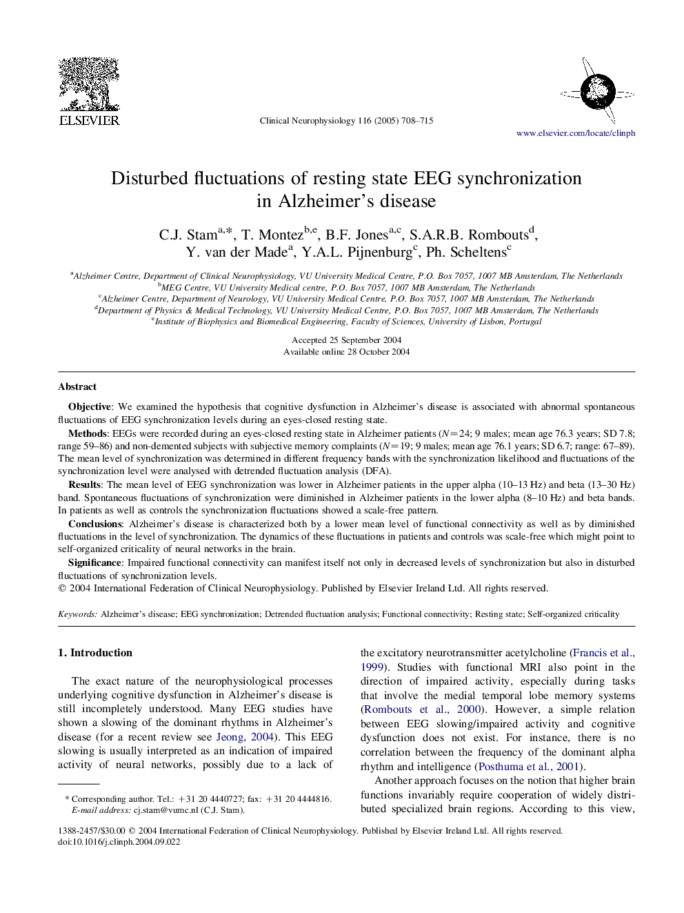 Disturbed fluctuations of resting state EEG synchronization in Alzheimer's disease