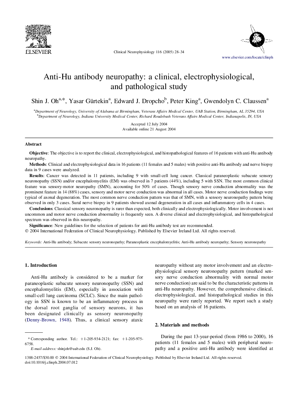 Anti-Hu antibody neuropathy: a clinical, electrophysiological, and pathological study