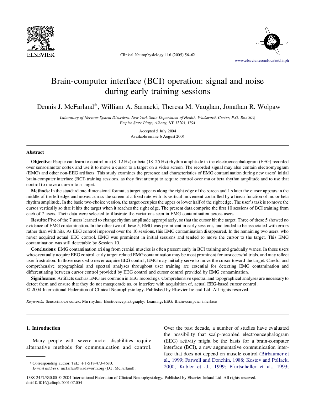 Brain-computer interface (BCI) operation: signal and noise during early training sessions