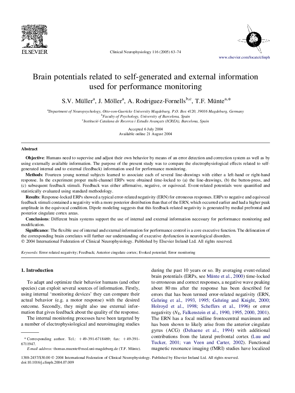 Brain potentials related to self-generated and external information used for performance monitoring