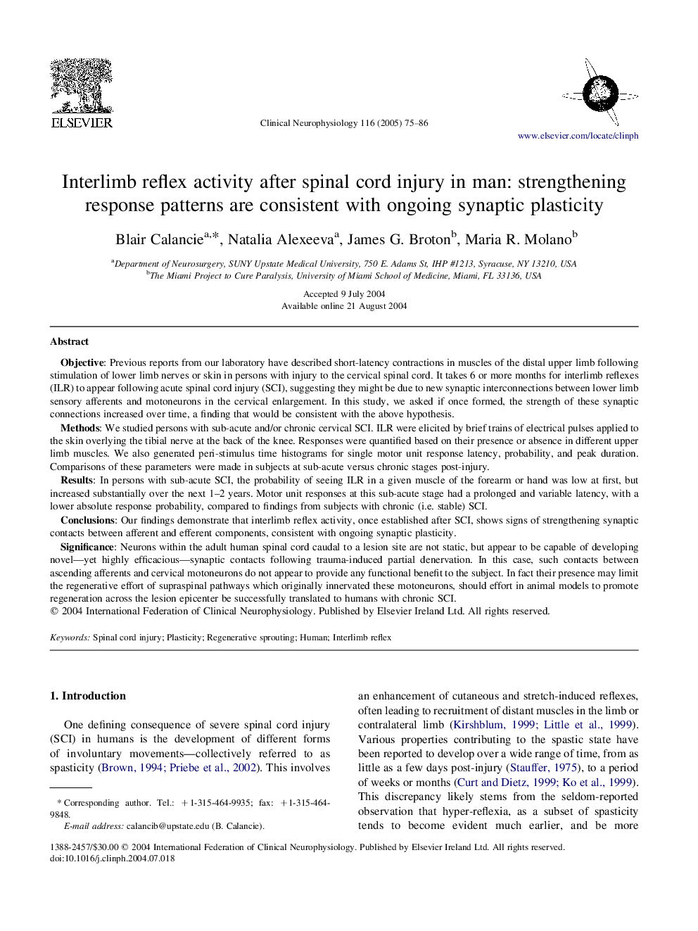 Interlimb reflex activity after spinal cord injury in man: strengthening response patterns are consistent with ongoing synaptic plasticity