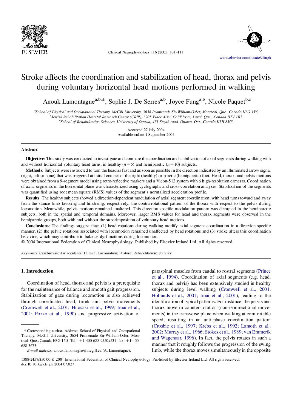 Stroke affects the coordination and stabilization of head, thorax and pelvis during voluntary horizontal head motions performed in walking