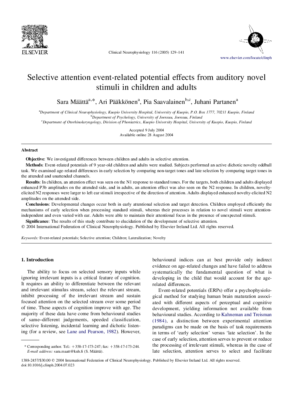 Selective attention event-related potential effects from auditory novel stimuli in children and adults