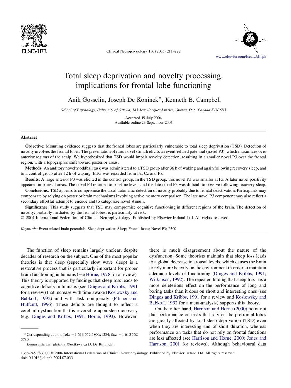 Total sleep deprivation and novelty processing: implications for frontal lobe functioning