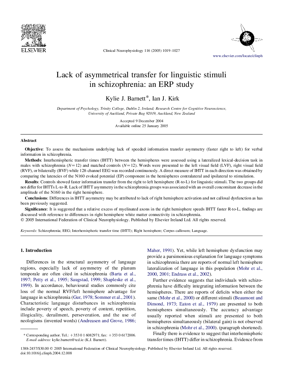 Lack of asymmetrical transfer for linguistic stimuli in schizophrenia: an ERP study