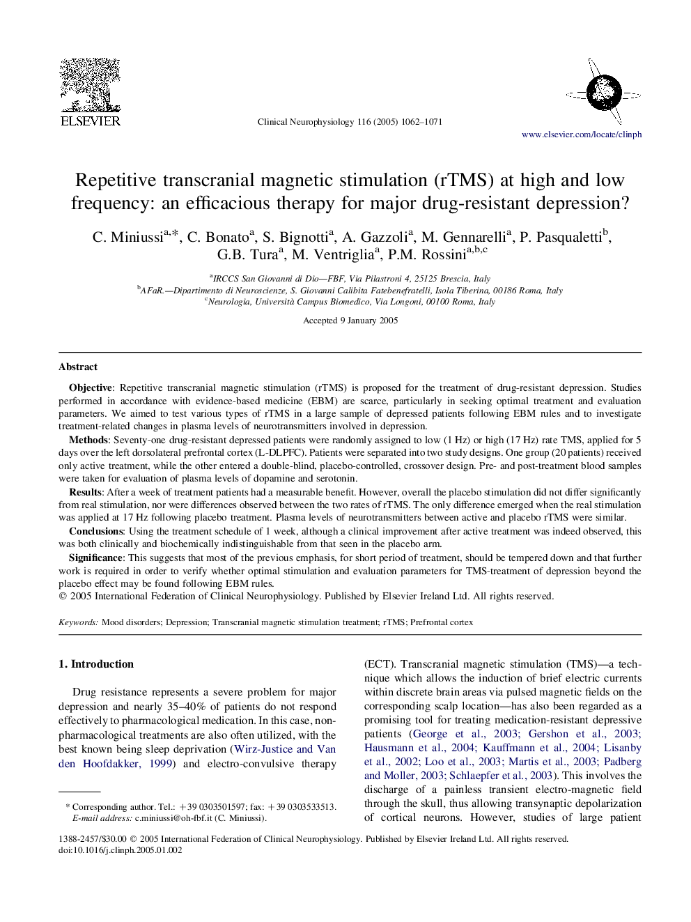 Repetitive transcranial magnetic stimulation (rTMS) at high and low frequency: an efficacious therapy for major drug-resistant depression?