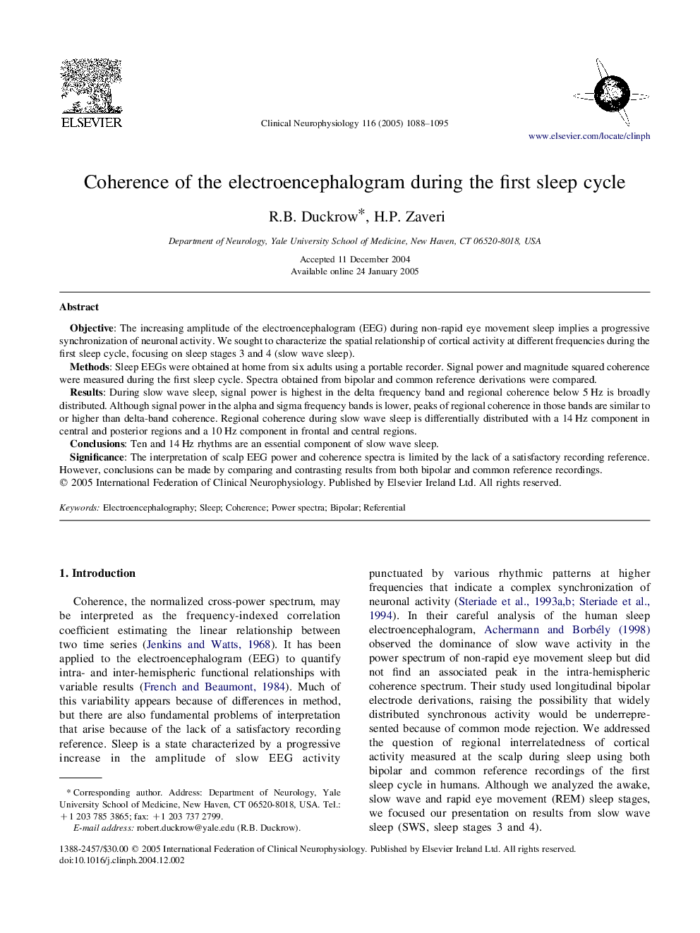 Coherence of the electroencephalogram during the first sleep cycle