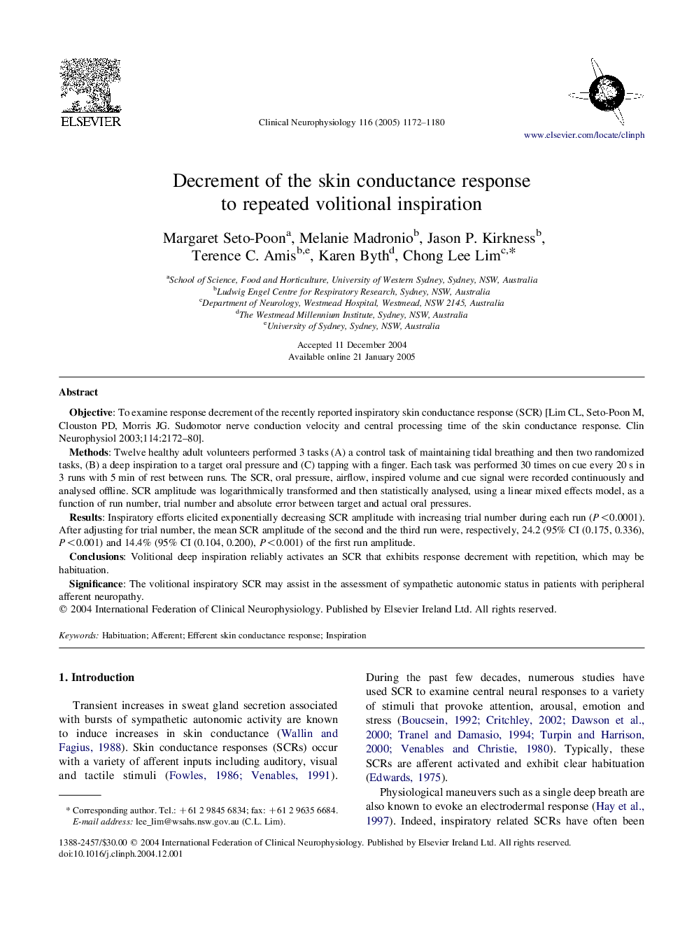 Decrement of the skin conductance response to repeated volitional inspiration