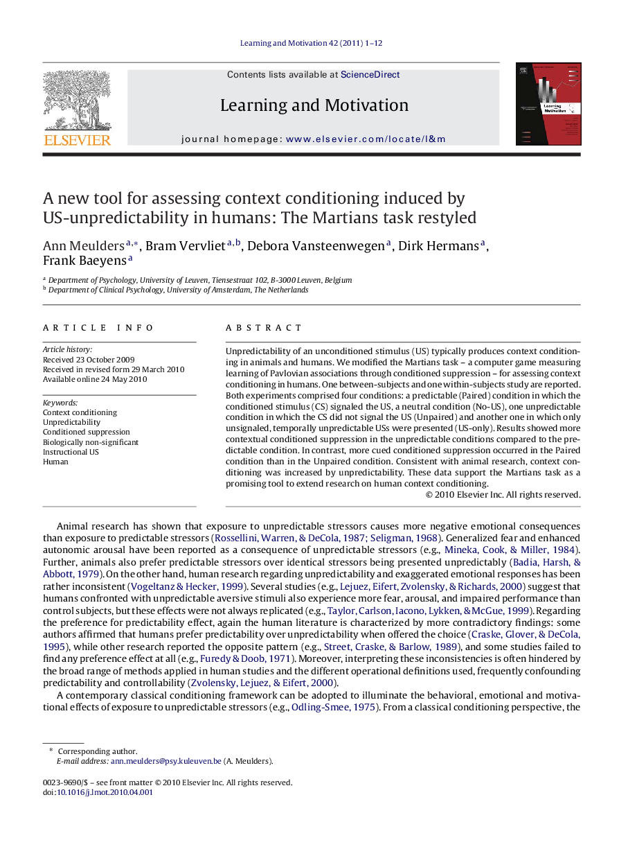 A new tool for assessing context conditioning induced by US-unpredictability in humans: The Martians task restyled