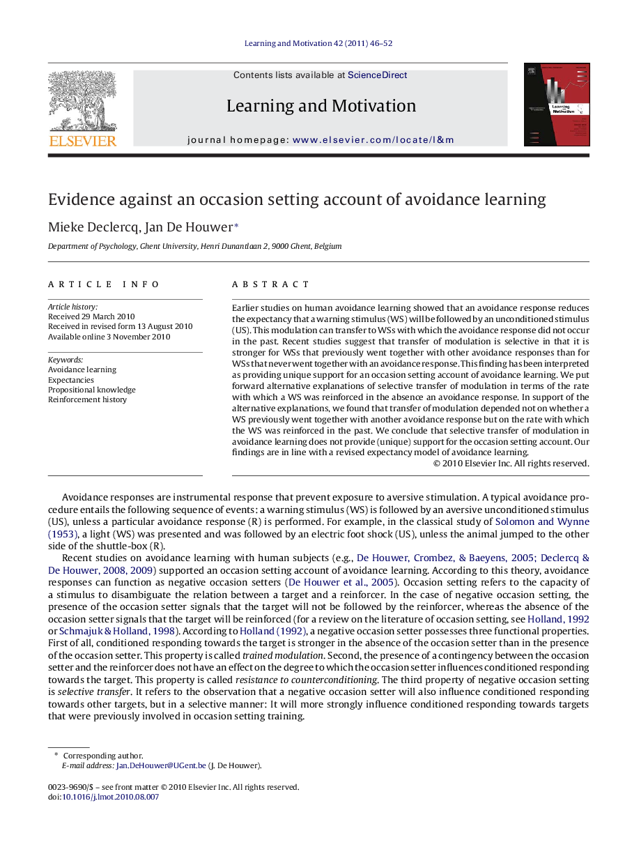 Evidence against an occasion setting account of avoidance learning